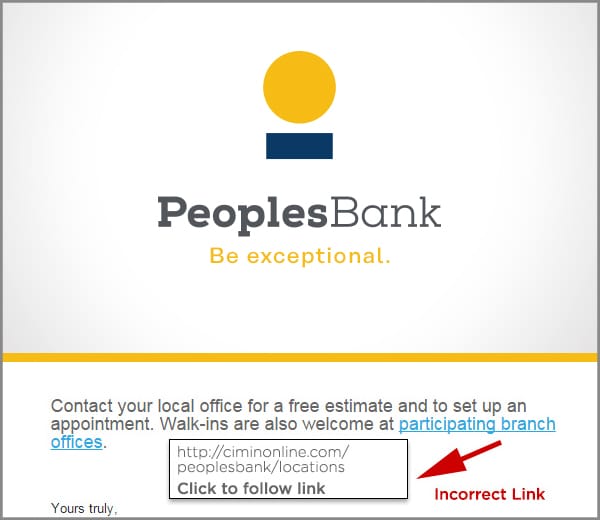 Image of email containing a fraudulent link that does not lead to the Peoples Bank website